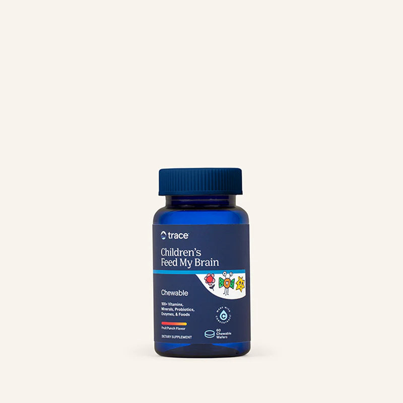 Trace Minerals Feed My Brain multivitaminų pakuotė šviesiame fone