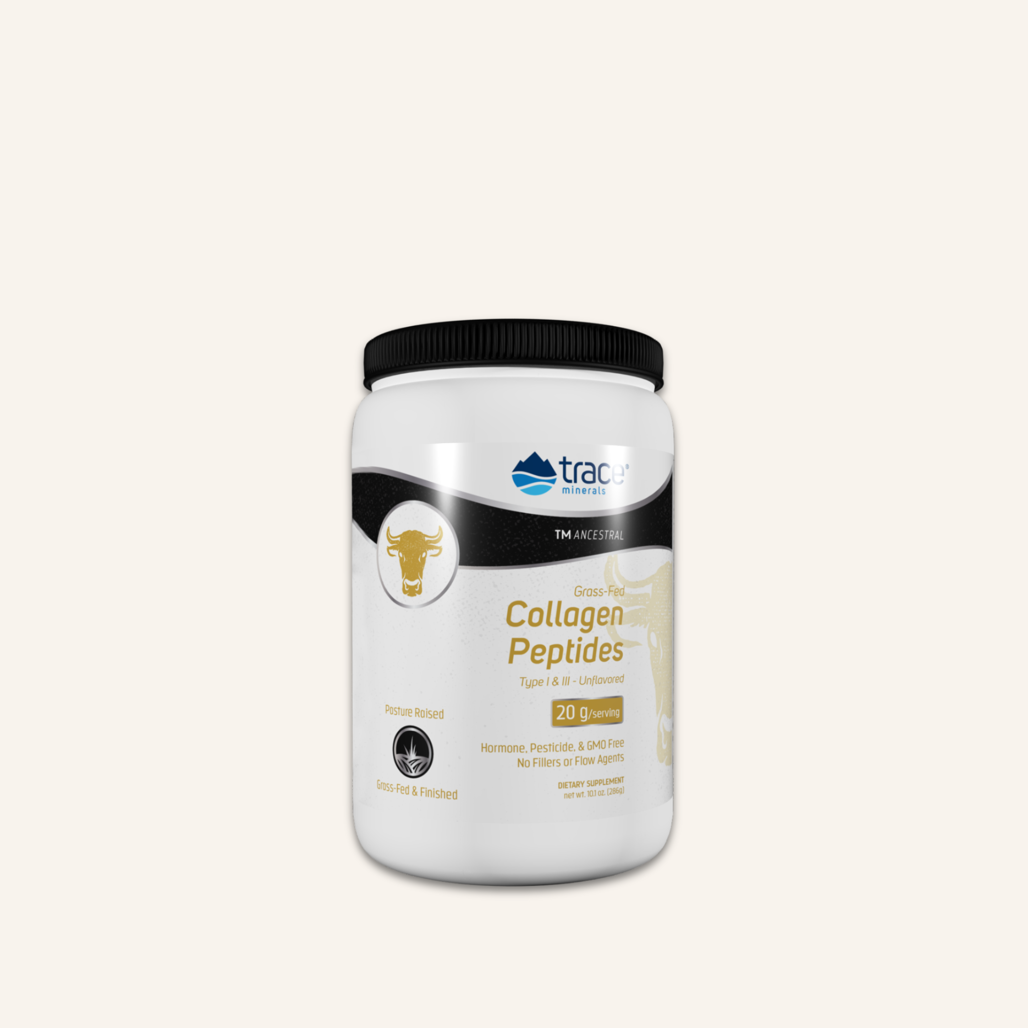 Trace Minerals kolageno peptidų pakuotė šviesiame fone