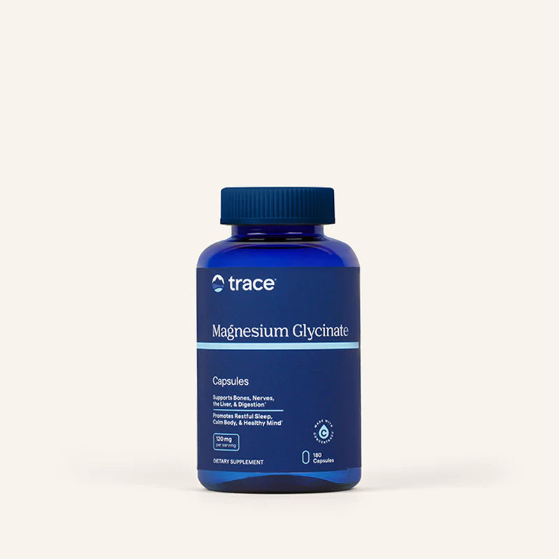 Trace Minerals magnio glicinato 180 kaps. pakuotė šviesiame fone