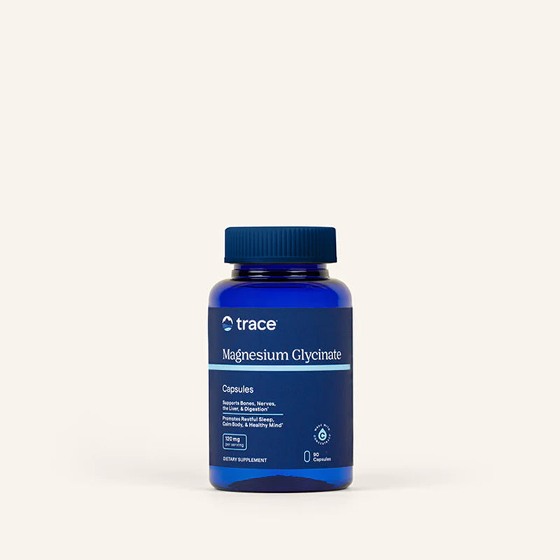 Trace Minerals magnio glicinato 90 kaps. pakuotė šviesiame fone